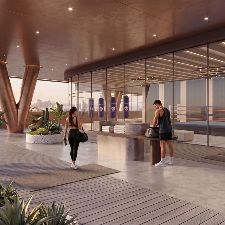 LINQ by Raghava — Open-deck rooftop gym with a boxing ring behind glazing
