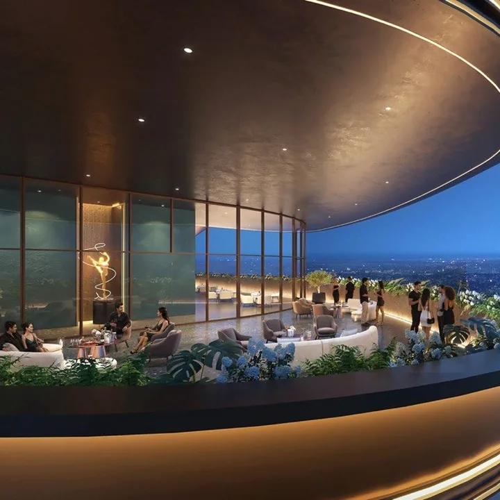 LINQ by Raghava — Cantilevered sky lounge terrace above the city at night