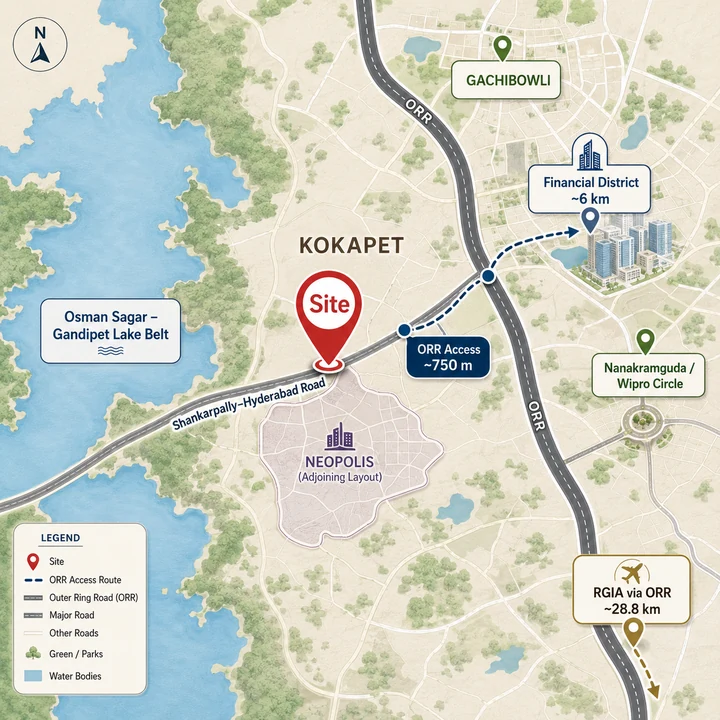 LINQ by Raghava — Kokapet location map with ORR access, Financial District and airport routes